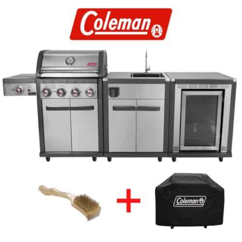 מטבח חוץ קולמן Coleman Revolution הכולל גריל גז קולמן רבולושן 4 עם כירה + יחידת כיור וברז + מקרר - צבע נירוסטה - חבילה מתנות!