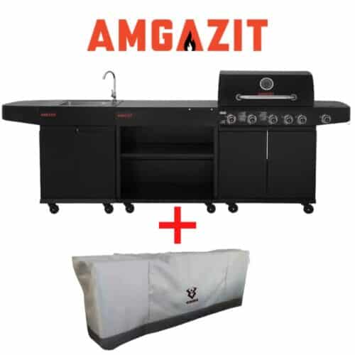 מטבח חוץ אמגזית 5 מבערים + כירת צד + משטח עבודה + כיור וברז AMGAZIT Black Torch - כיסוי מתנה לכל רוכש!!!